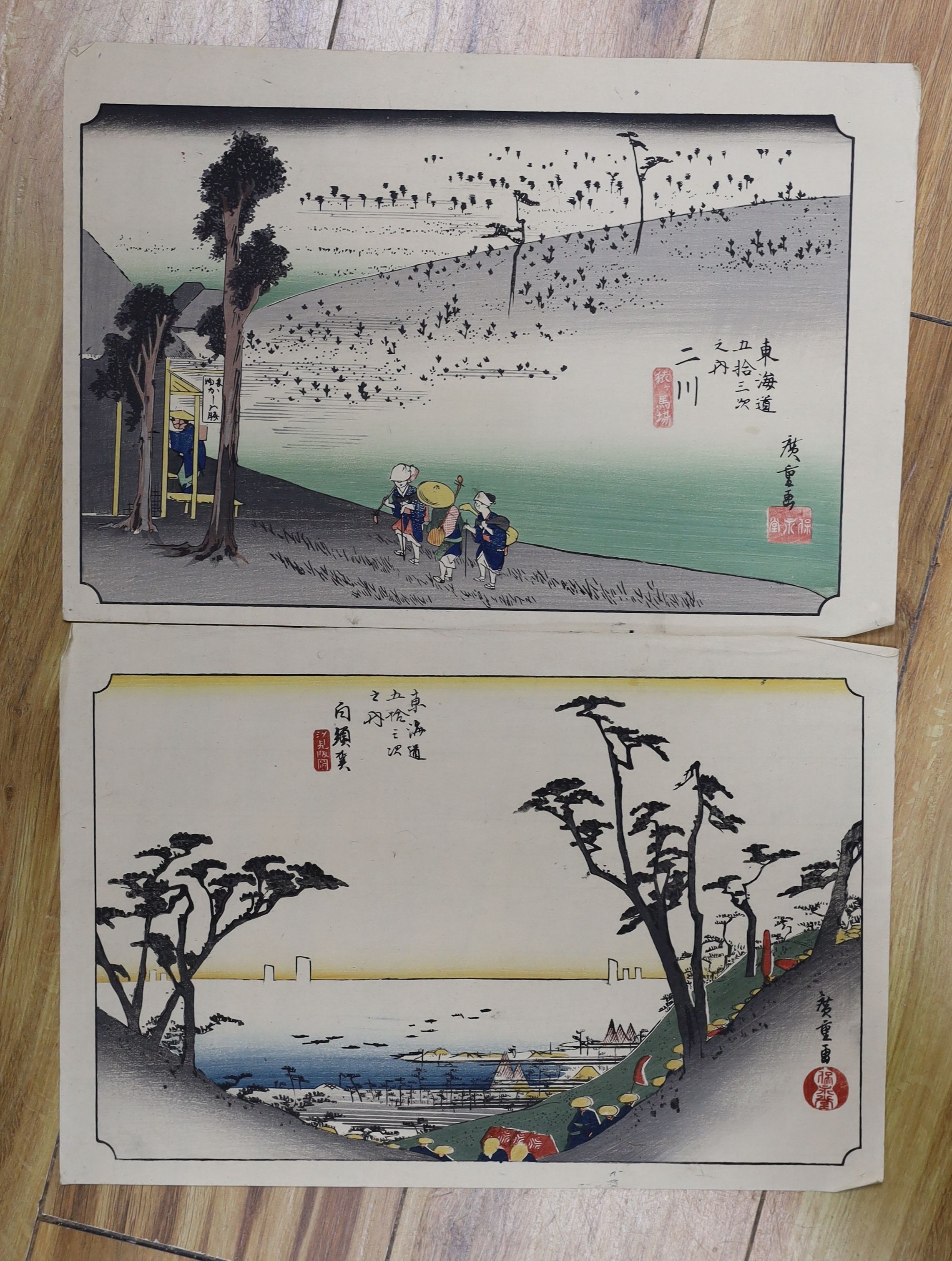 Japanese School, two woodblock prints, Landscapes, from the 53 stations of The Tokaido Road, 26 x 38cm, unframed